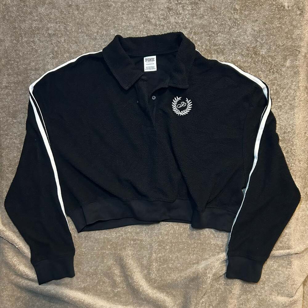 Victoria's Secret PINK Black Fleece Cropped Polo Sweatshirt Size XL